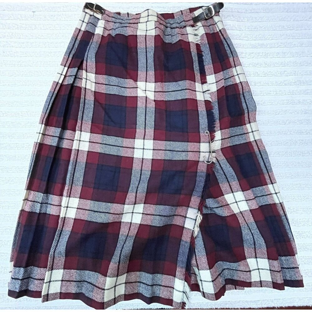 Vintage Laird Portch Of Scotland Fringe Wrap Skirt Sz 8 Belted Wool Plaid Purple